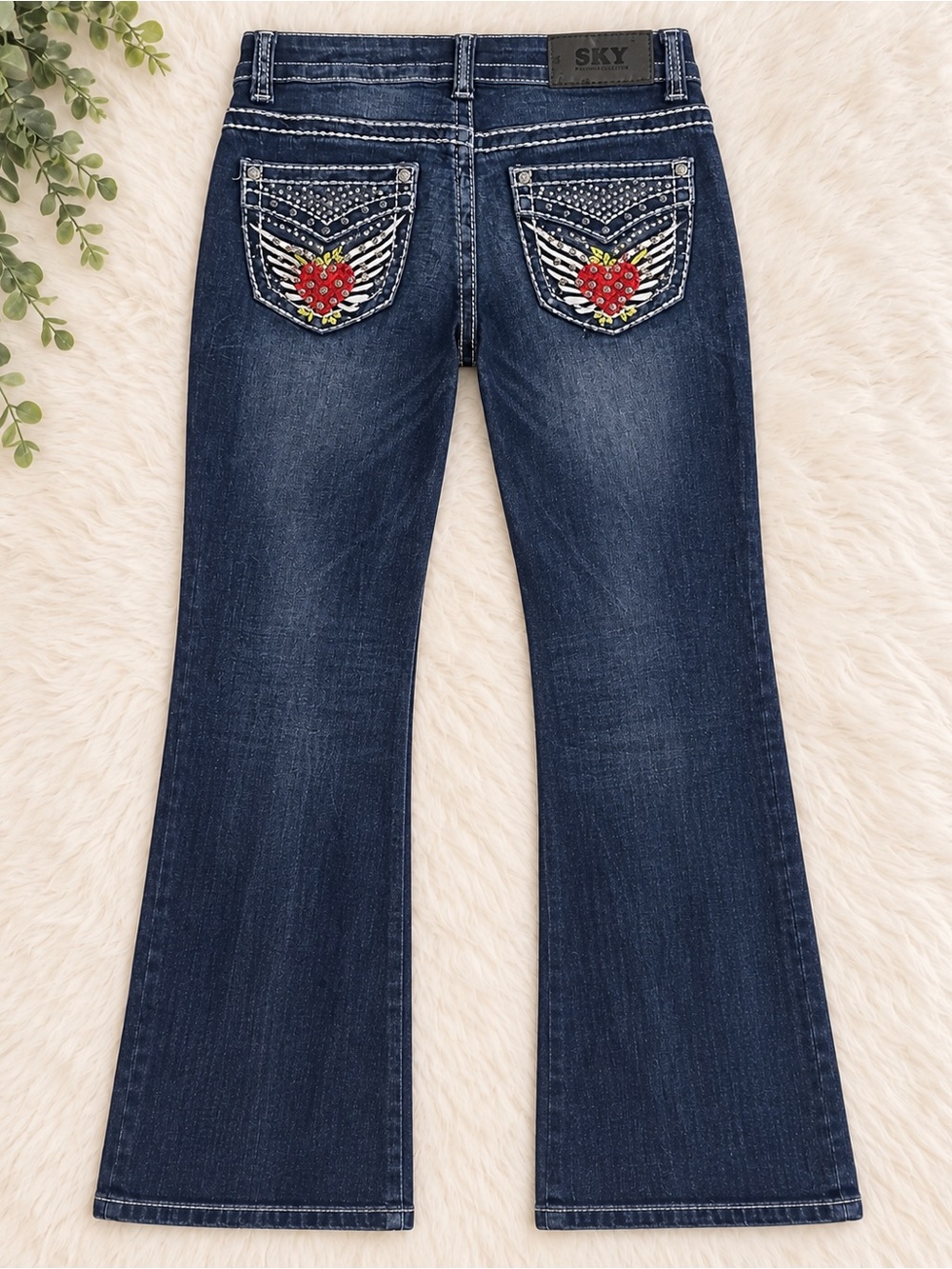 SKY Premium Collection Y2K Rhinestone Heart Bootcut Jeans